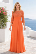 Orange Bateau Long Sleeve A-Line Chiffon Floor-Length Dress With Lace Bodice