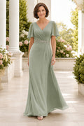 Sage V-Neck Chiffon Sheath Mother Dress with Flutter Sleeves and Beaded Waist front view