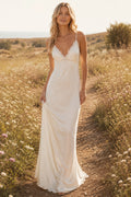 Simple Spaghetti Strap V-Neck Satin Sheath Wedding Dress with Low Back and Soft Hem front view
