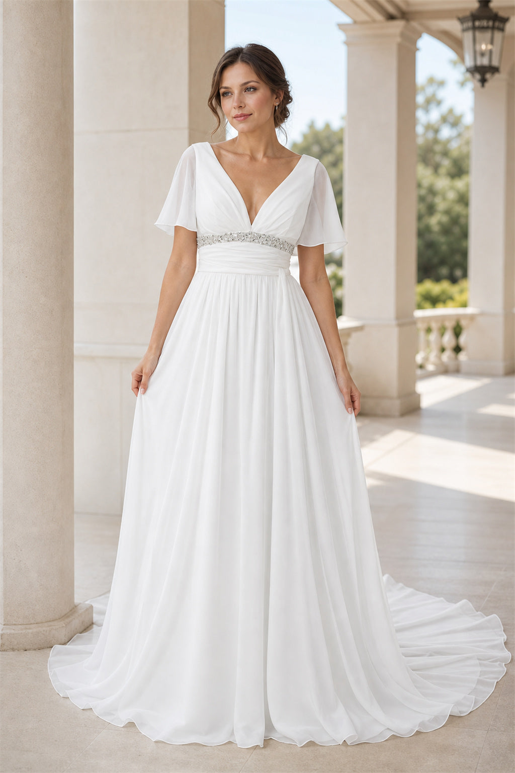 White V-neck Short Sleeves A-Line Chiffon Floor-length Wedding Dress With Beaded Waist and Train and Open Back