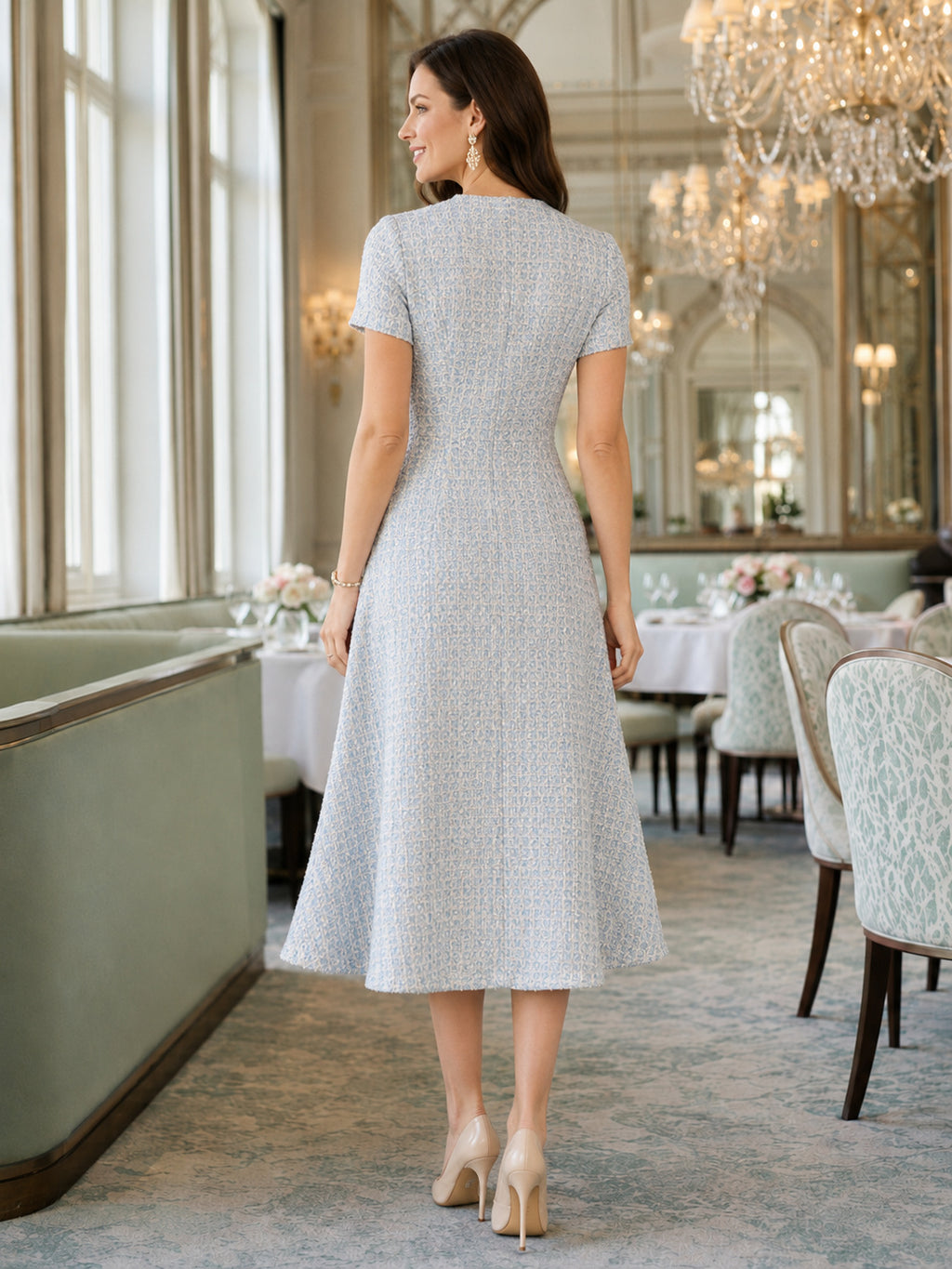 Pale blue tweed button front A-line luncheon midi dress back view