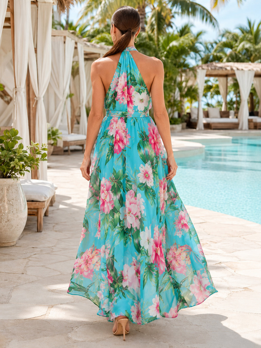 Turquoise floral halter chiffon high slit resort maxi dress back view