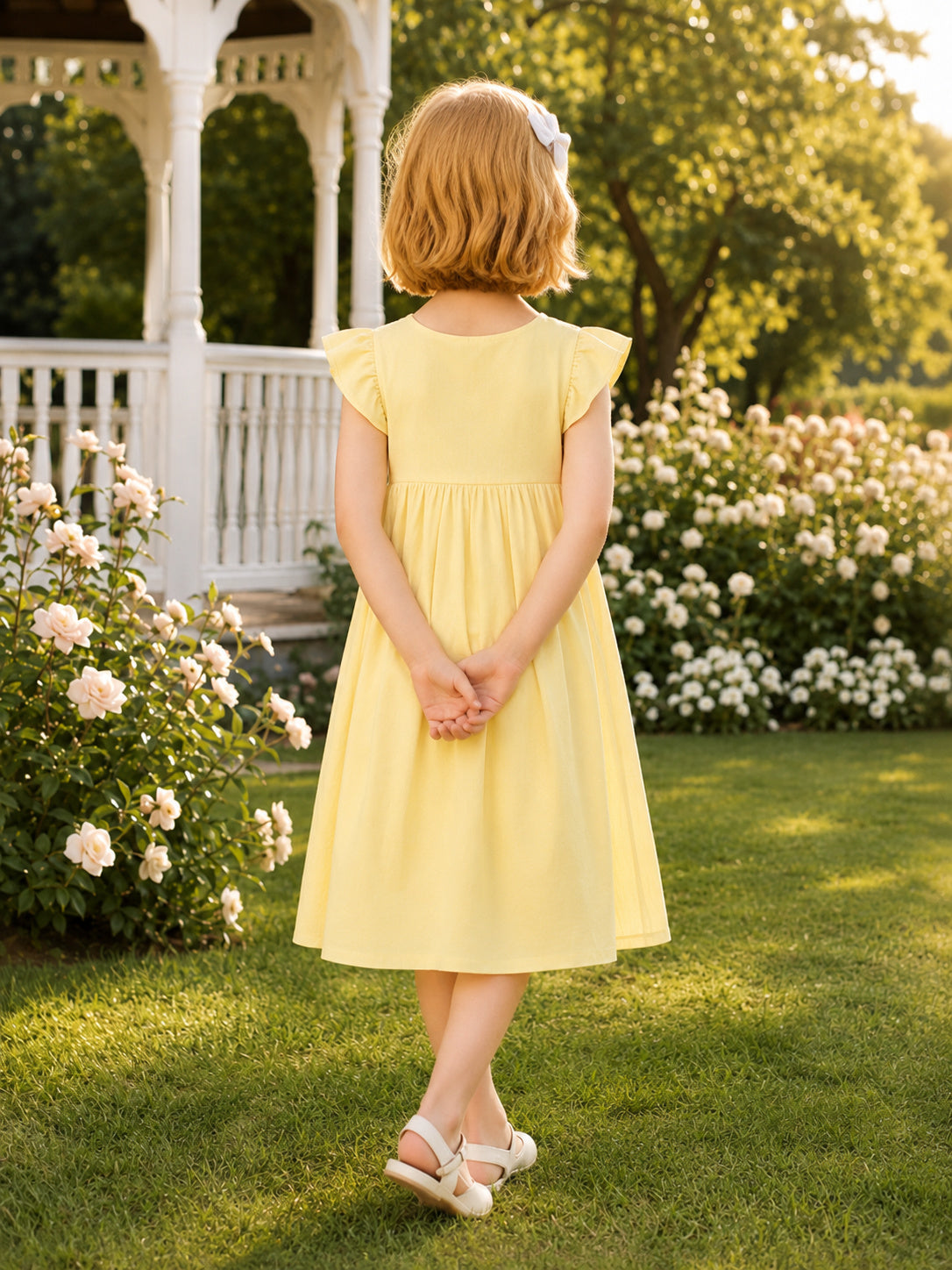 A-Line Daffodil Satin Flower Girl Dress with Short Sleeve Jewel Neckline Tea-length and A Satin Sash And Bow Accent back view