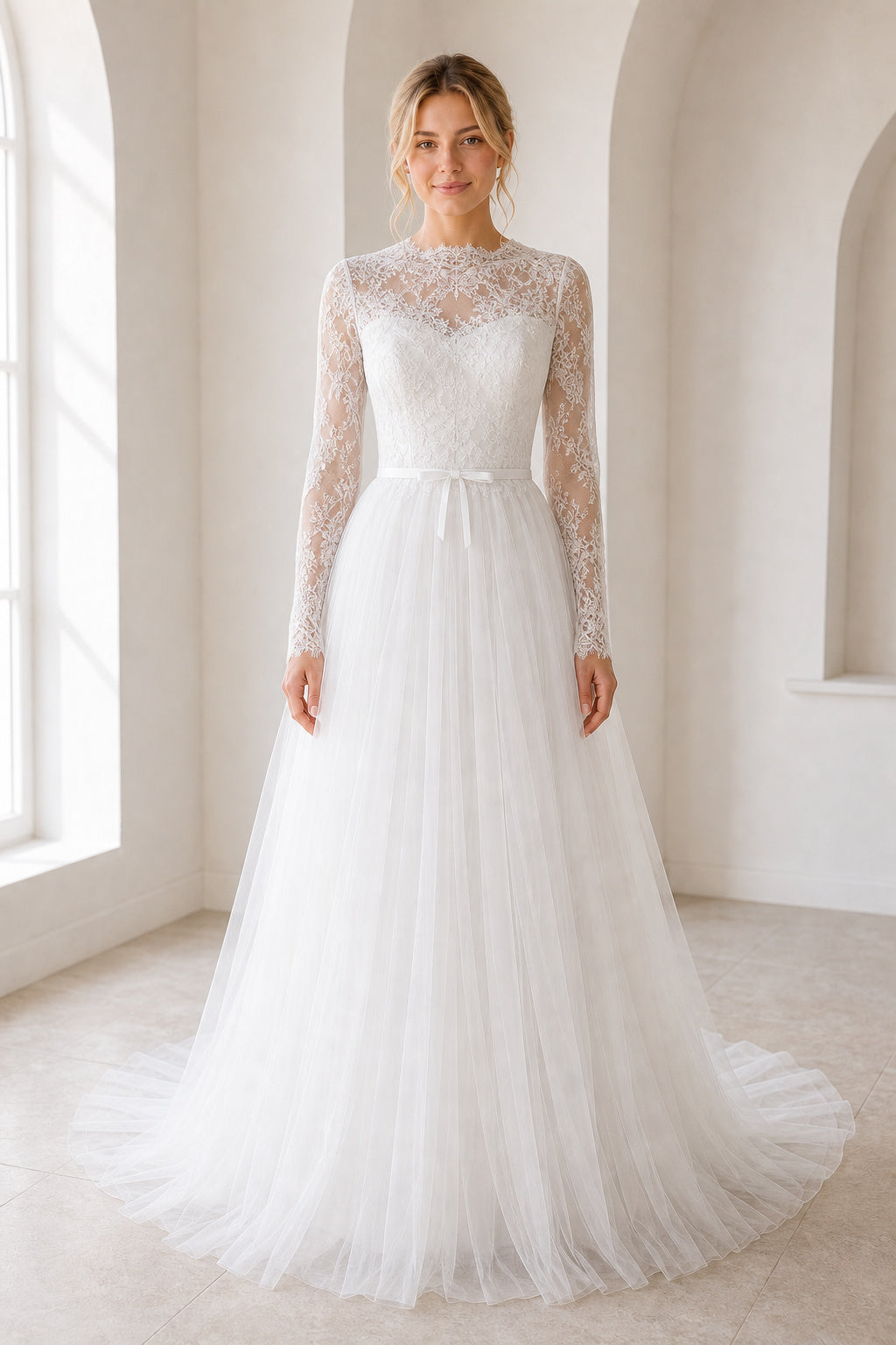 Ivory Illusion Long Sleeve A-Line Tulle Wedding Dress With Lace Bodice