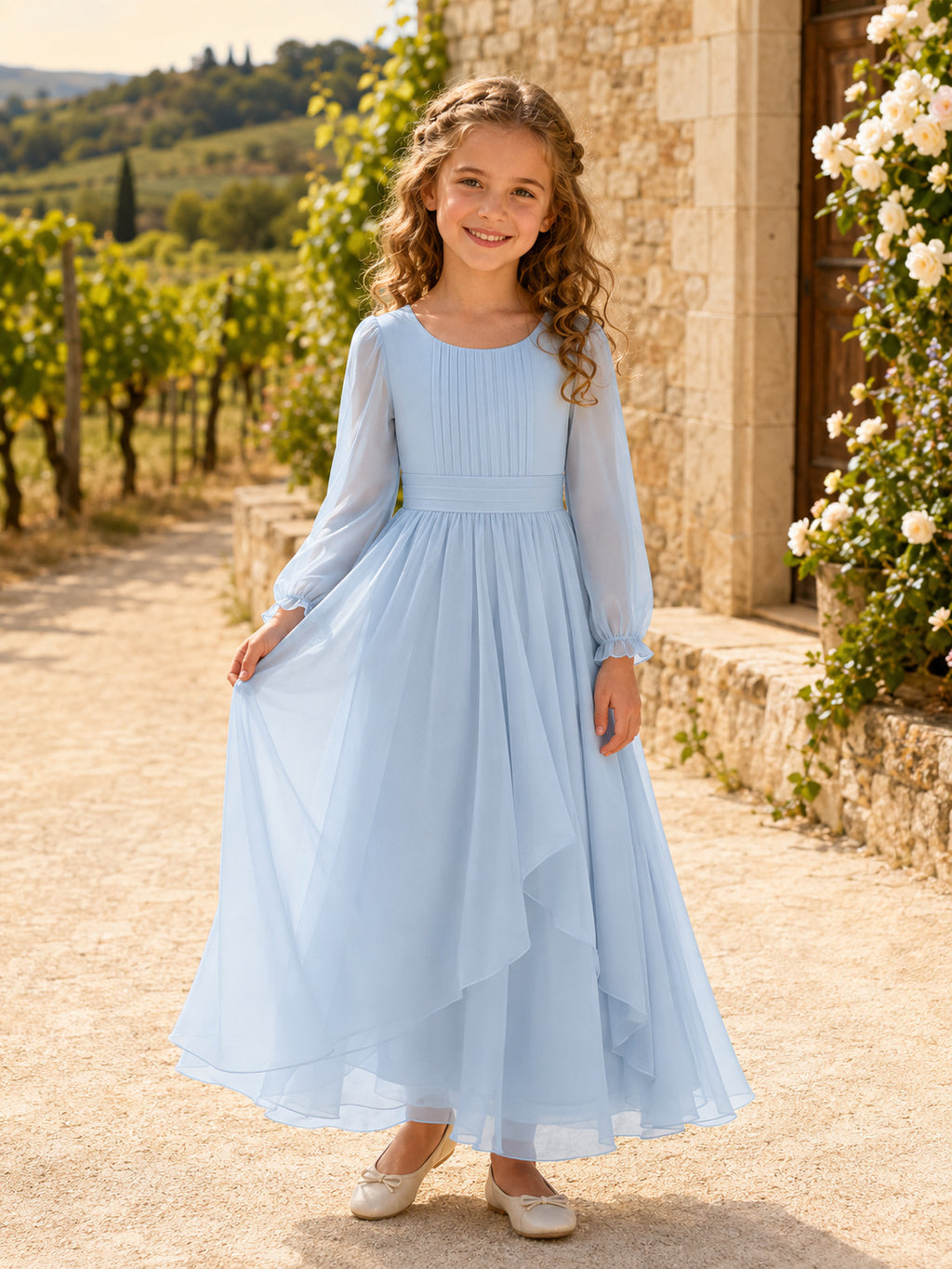 Elegant High-Low A-Line Garden Flower Girl Sky Blue Chiffon Pleated Long Sleeve Dress front view