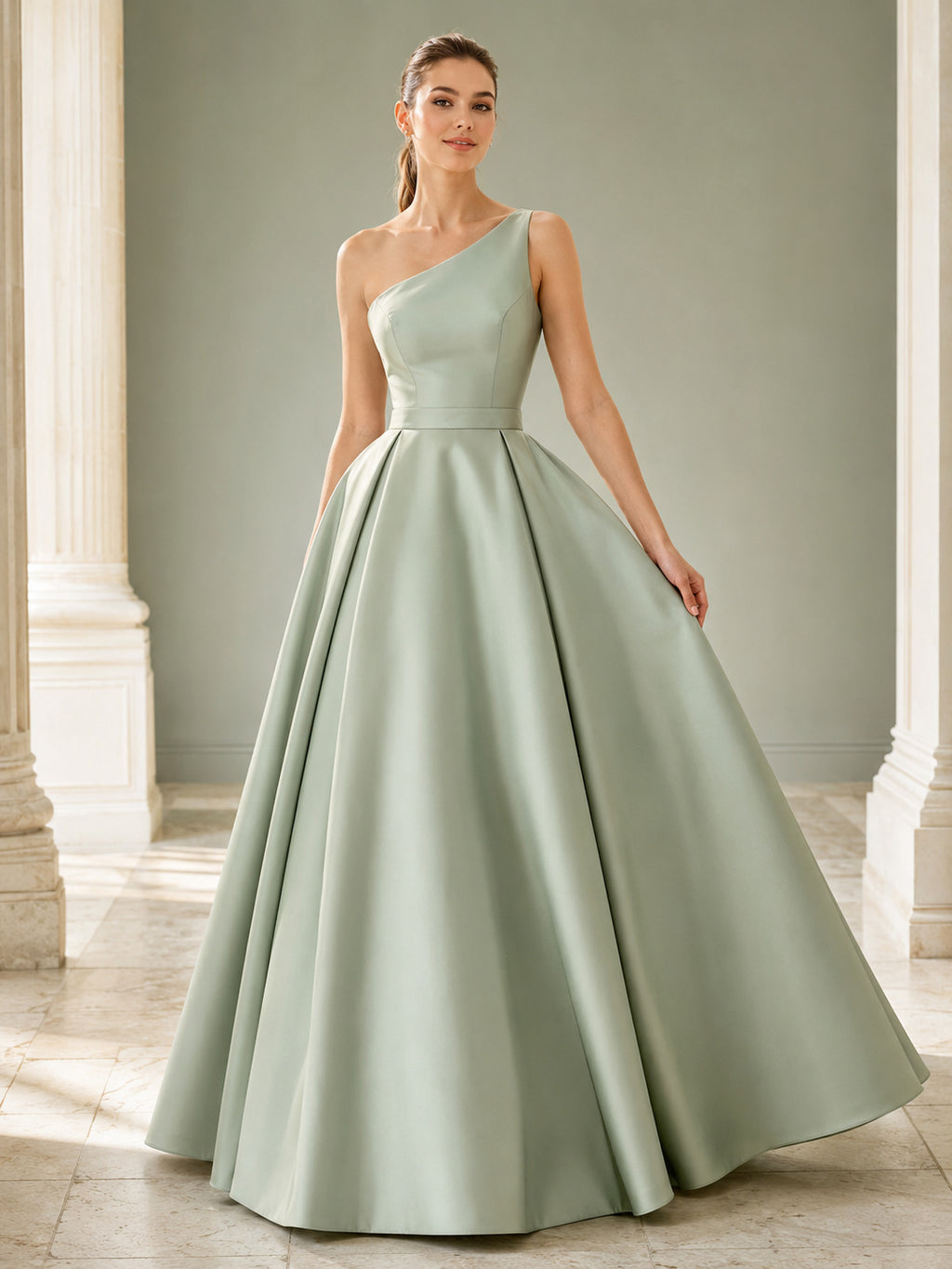 Sage Minimalist One Shoulder Pleated Mikado Satin Quinceanera A-Line Modern Formal Gown front view