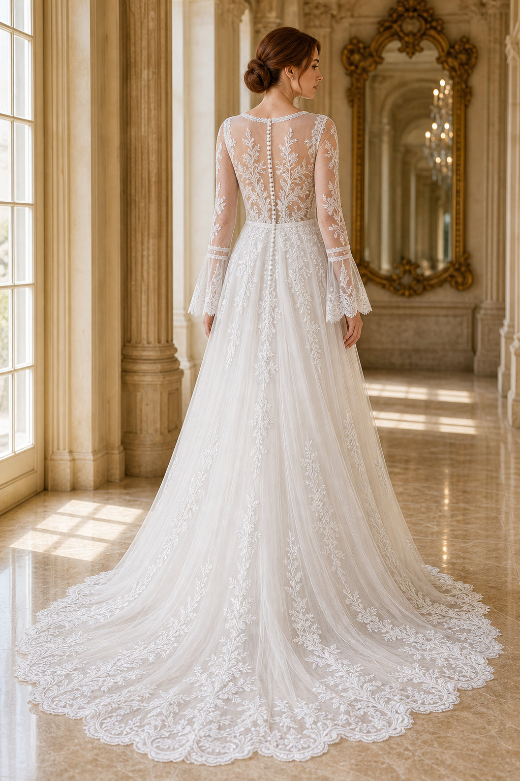 White V-neck Long Sleeves Sheath Crepe Floor-length Wedding Dress With Open Back and Lace Bodice
