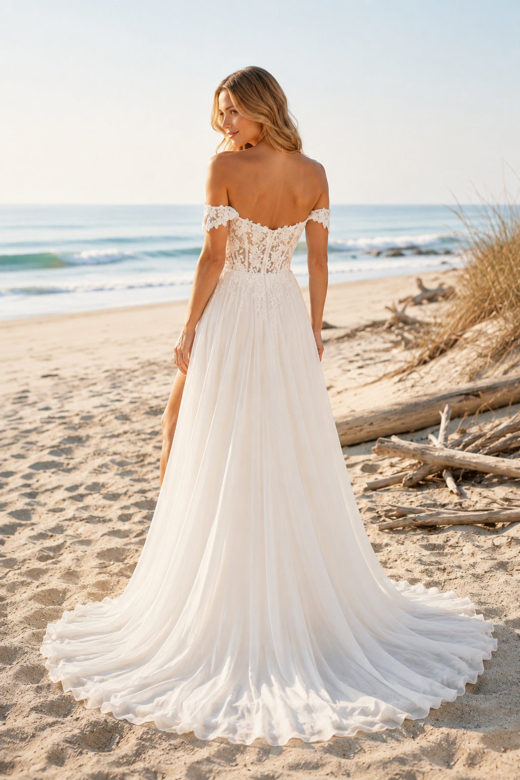 Ivory Off Shoulder Sweetheart Lace Tulle A-Line Wedding Dress Split Front for Bridal Ceremony and Reception back view