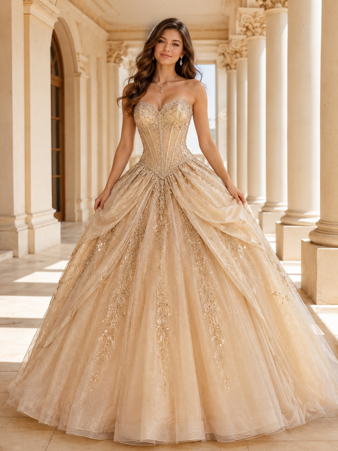 Champagne Luxury Strapless Sweetheart Drop Waist Draped Glitter Sweet Sixteen Ball Gown front view