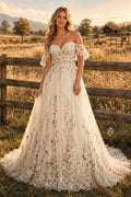 Off the Shoulder A-Line Wedding Dress with Multicolor Floral Embroidery and Full Train front view