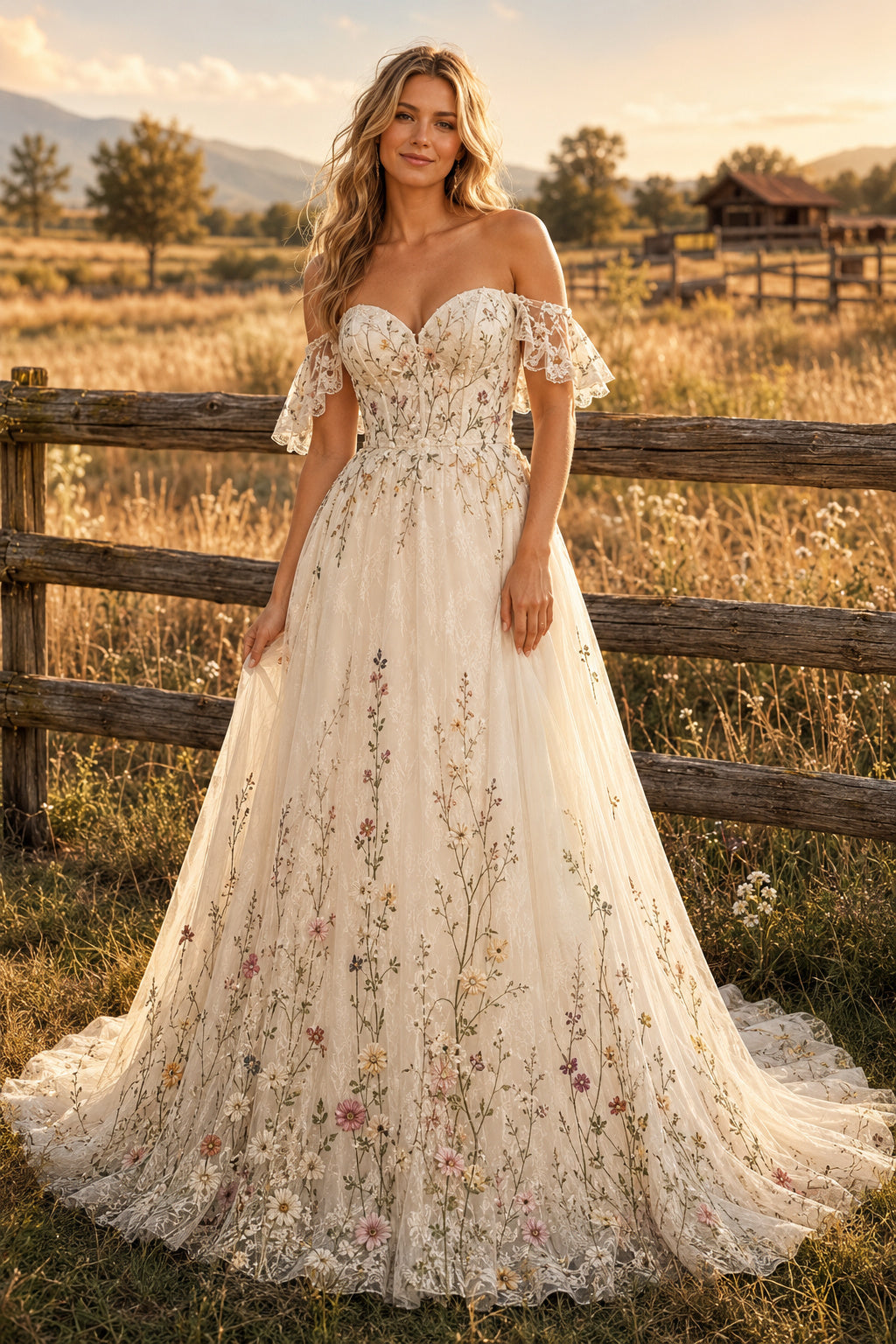 Off the Shoulder A-Line Wedding Dress with Multicolor Floral Embroidery and Full Train front view