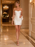 Modern Strapless Sweetheart Ruched Satin Sheath Mini Oversized Bow Wedding Dress front view