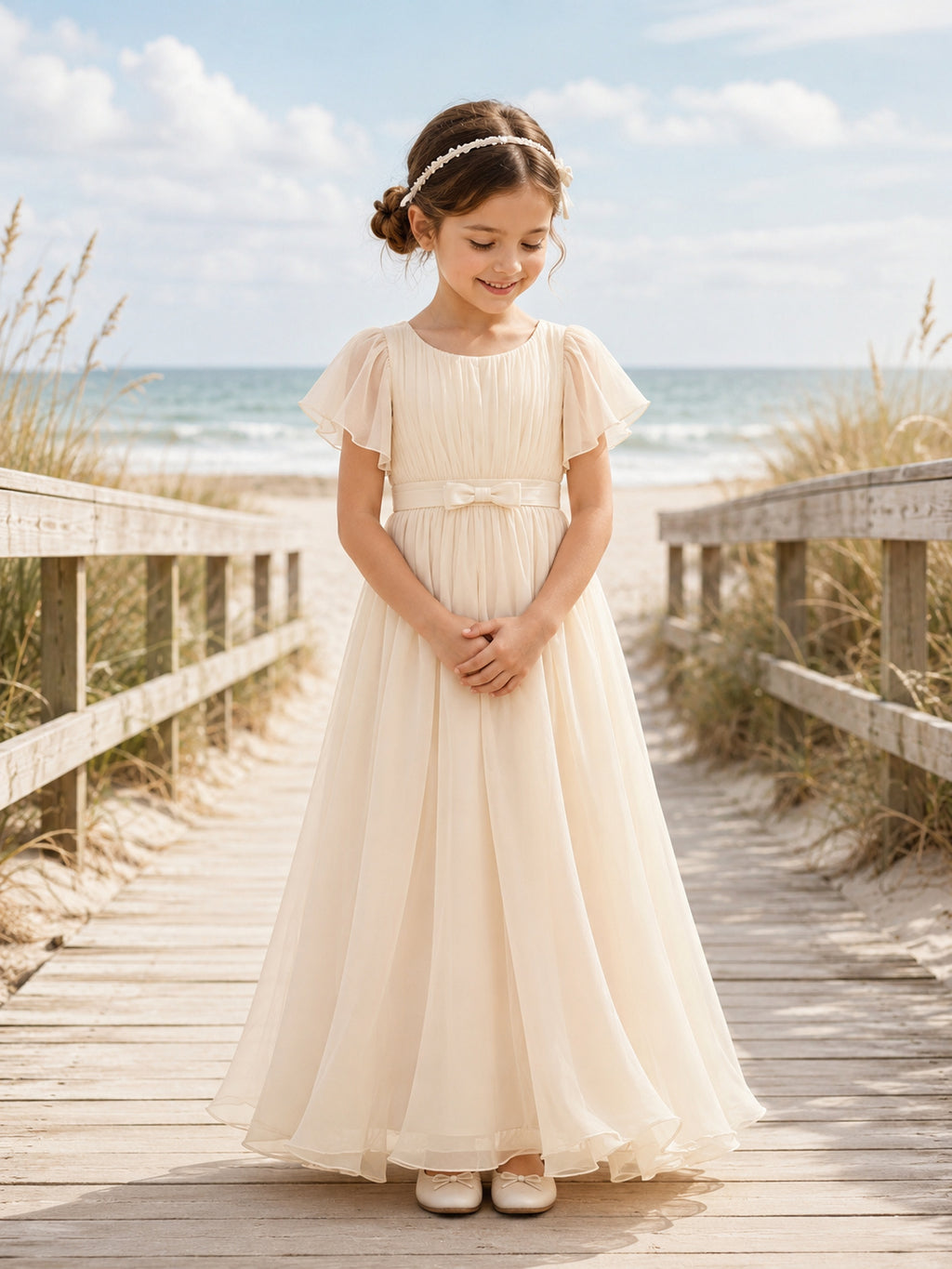 Champagne Flutter Sleeve Floral Chiffon A-Line Flower Girl Dress with Floor-Length Skirt front view