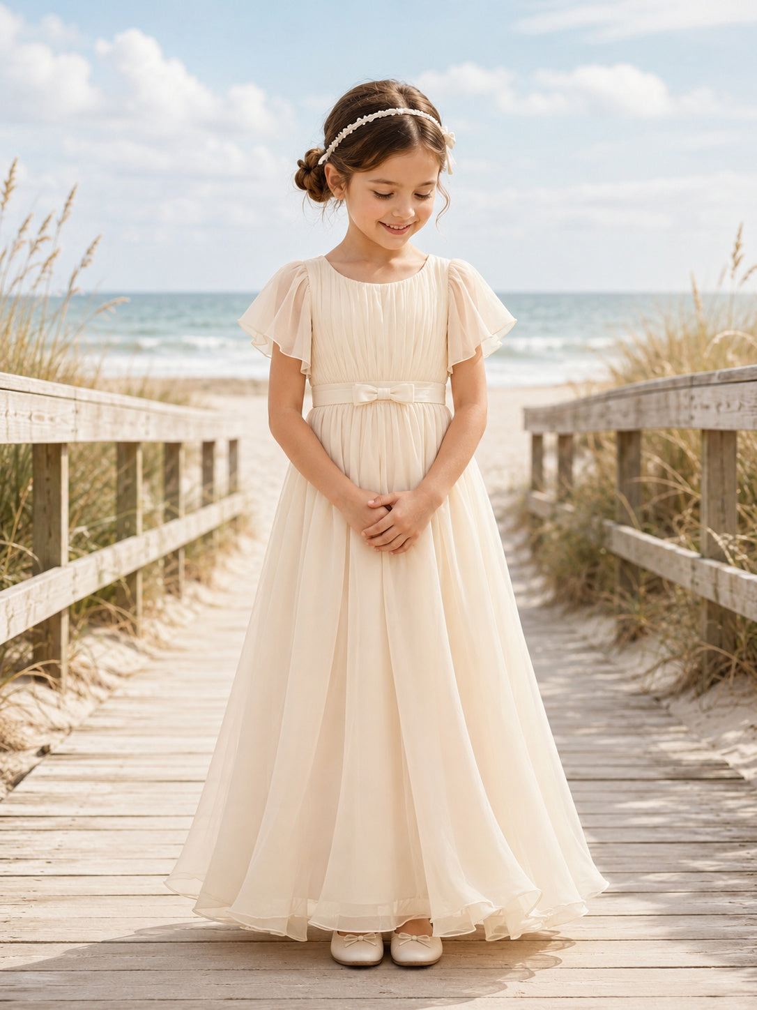 Champagne Flutter Sleeve Floral Chiffon A-Line Flower Girl Dress with Floor-Length Skirt front view