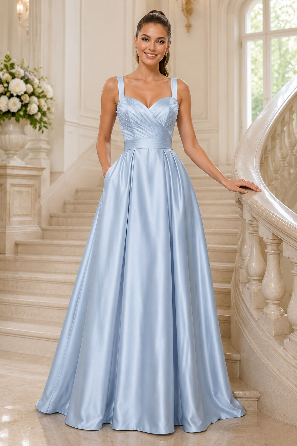 Sky Blue Straps Satin A-Line Bridesmaid Dress with V-Neck Bodice and Full Skirt front view