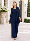 Dark Navy Wide-Leg Modest Mother of the Bride Pantsuit with Jewel Neck Layered Tunic Three-Quarter Chiffon Jacket and Palazzo