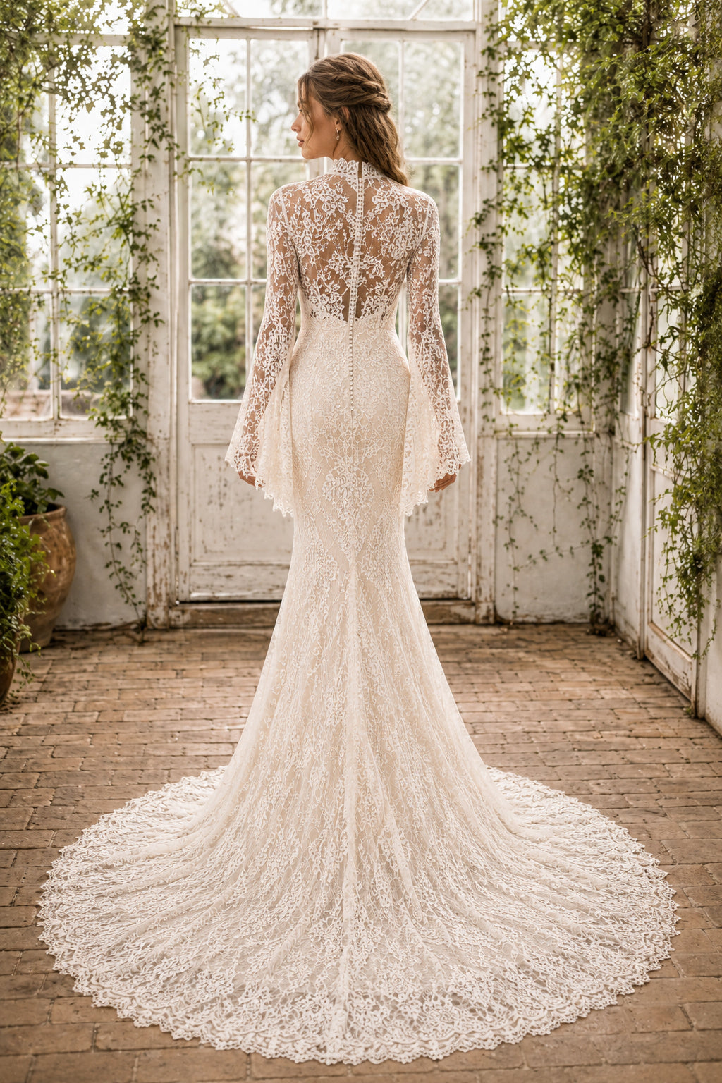 Ivory High Neck Bell Sleeve Mermaid Lace Wedding Dress with Long Train back view
