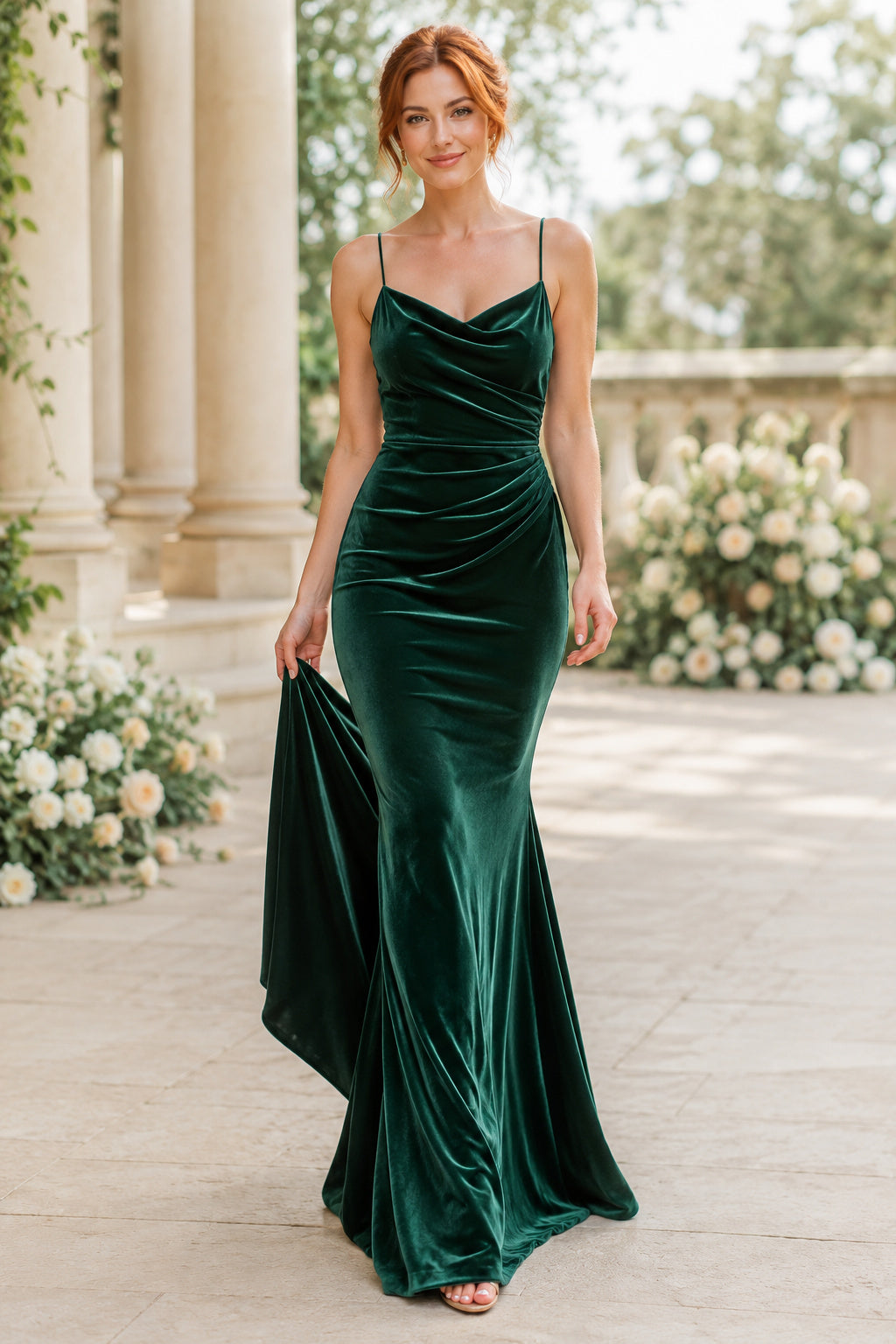 Dark Green Cowl Neck Velvet Mermaid Evening Dress with Spaghetti Straps and Draped Skirt front view