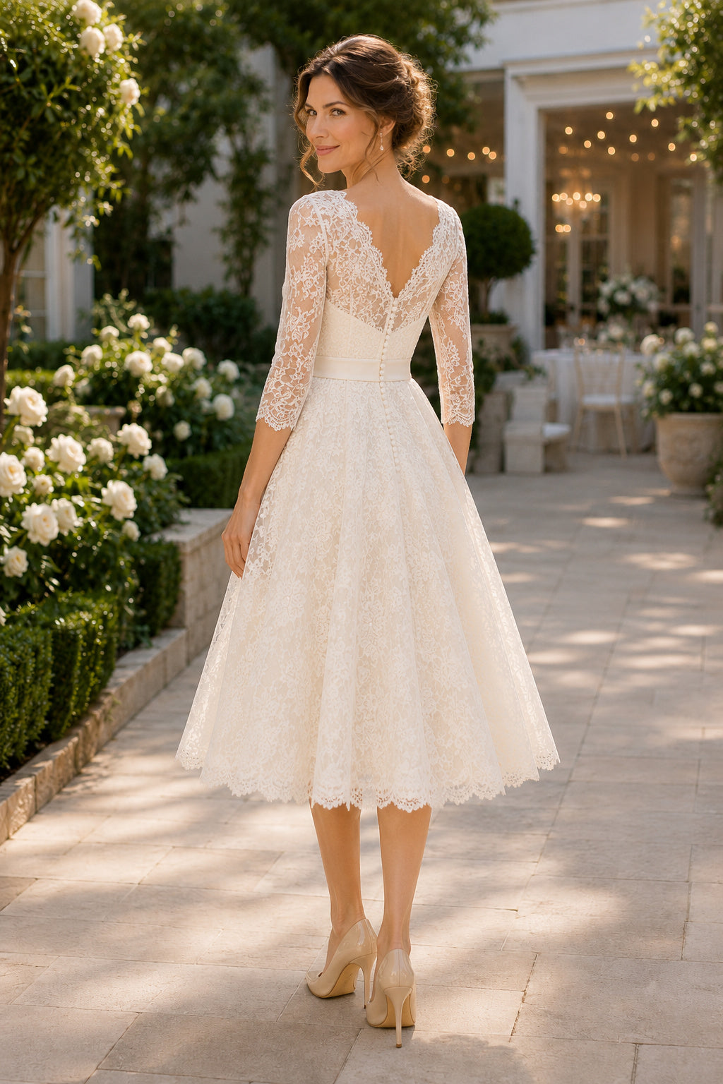 V-Neck Lace Tea-Length Wedding Dress with Full Tulle Skirt back view