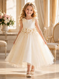 Bow Back Tulle A-Line Flower Girl Dress with Jewel Neck and Tea-Length Skirt front view