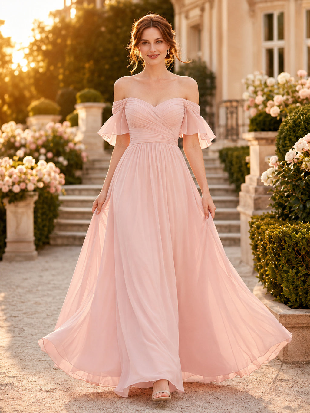Blush Off Shoulder Chiffon A-Line Formal Dress front view