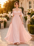 Blush Off Shoulder Chiffon A-Line Formal Dress front view