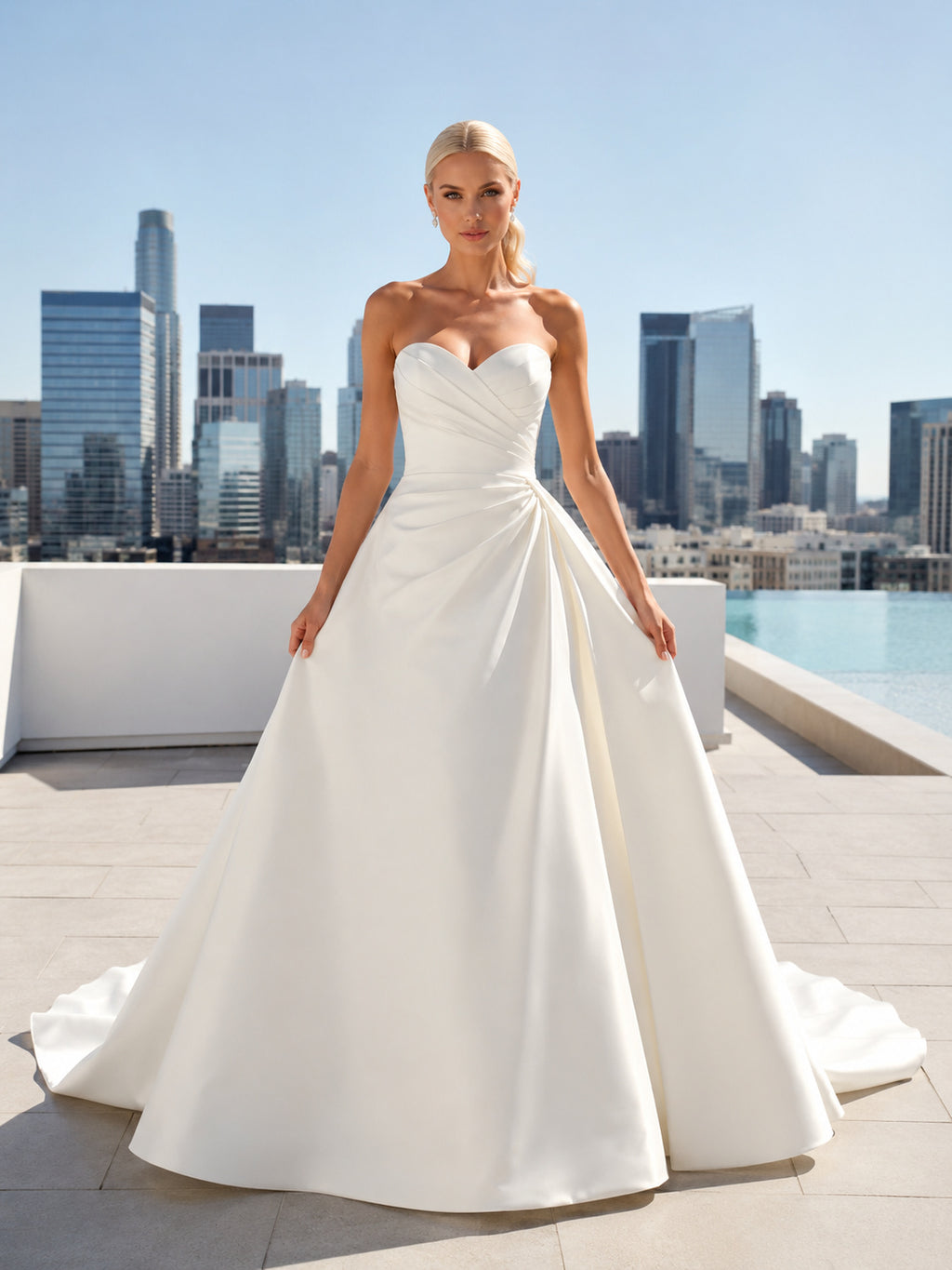Minimalist Satin Wedding Dress Ball Gown Strapless Sweetheart Court Train Bridal Gown front view