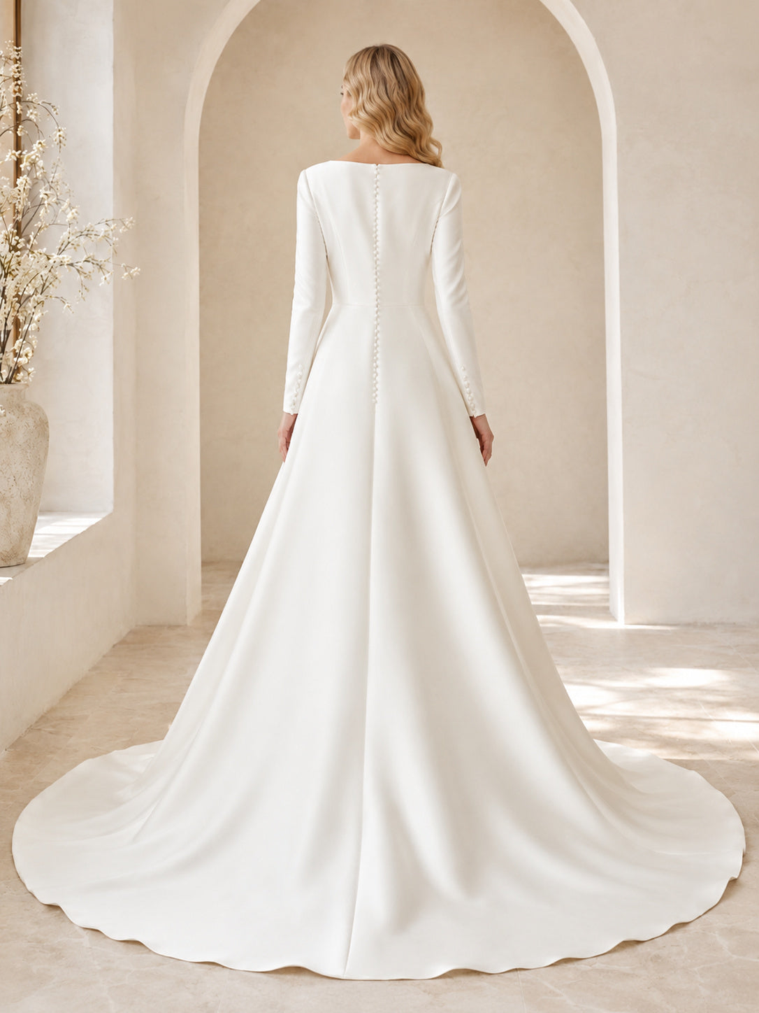 Modest Minimalist Bateau Long Sleeve Satin A-Line Court Train Wedding Dress back view