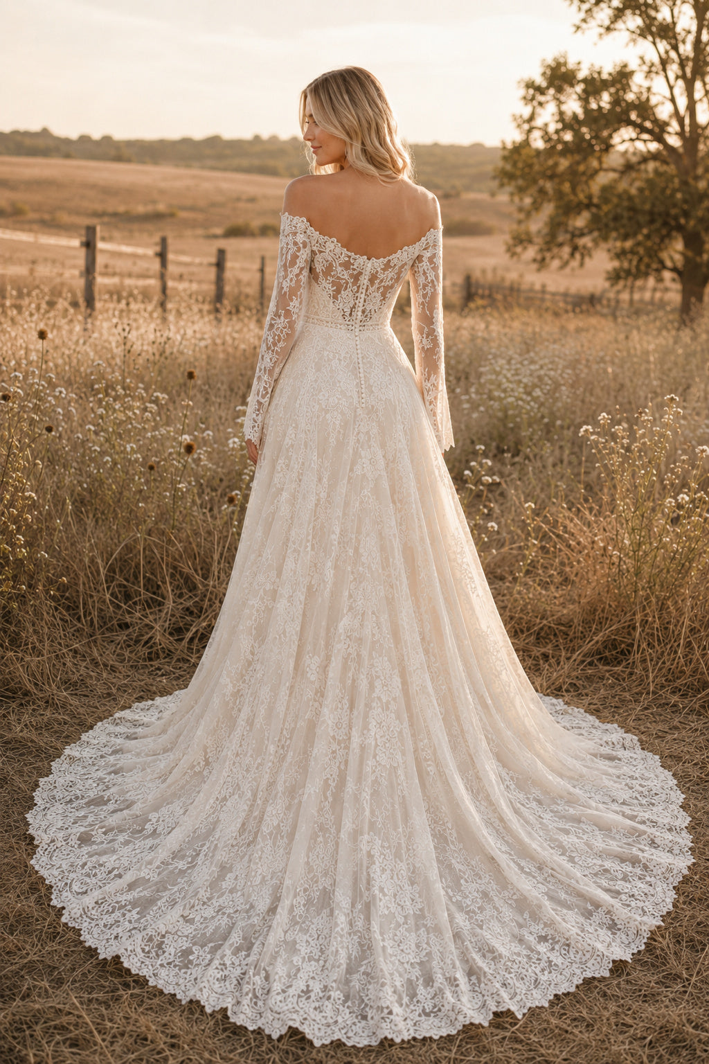Off the Shoulder Long Sleeve A-Line Wedding Dress with Allover Lace and Chapel Train back view