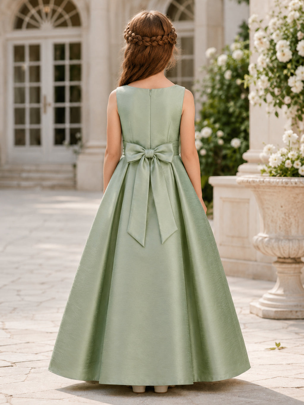 Sleeveless Sage Satin A-Line Flower Girl Dress with jewel Neckline and Floor length Skirt with Bow Detail back view