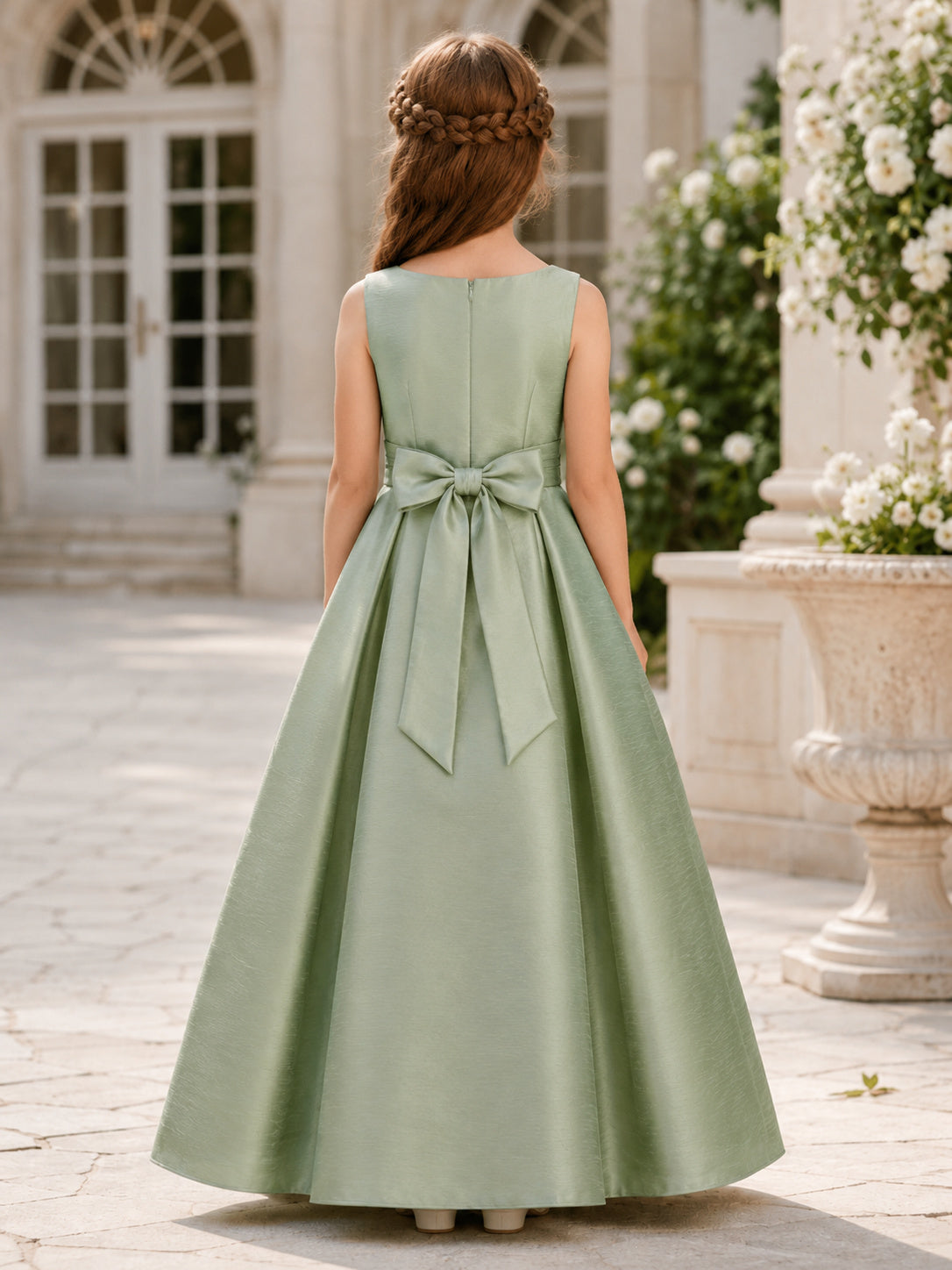 Sleeveless Sage Satin A-Line Flower Girl Dress with jewel Neckline and Floor length Skirt with Bow Detail back view
