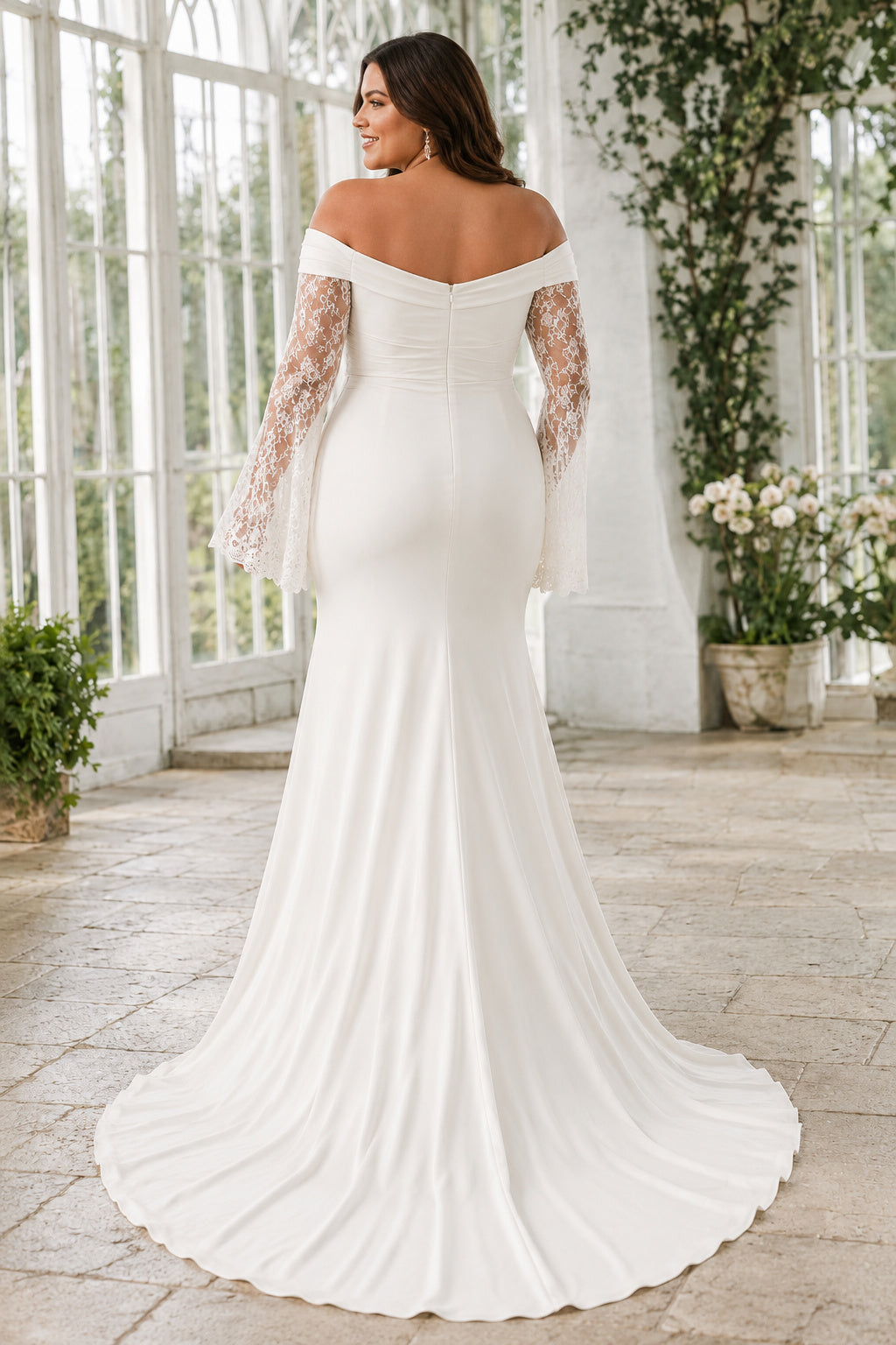 Plus Size Ivory Off-the-Shoulder Sheath Wedding Dress with Lace Sleeves back view