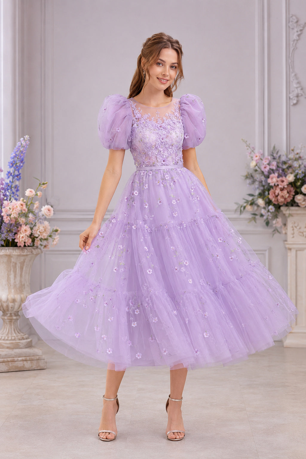 Lavender Puff Sleeve Sparkle Lace Bodice with Tulle Skirt Tea Length A-Line Prom Dress front view