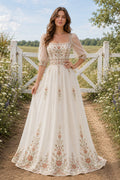 Square Neck Puff Sleeve A-Line Wedding Dress with Multicolor Floral Embroidery for Garden Reception Party front view