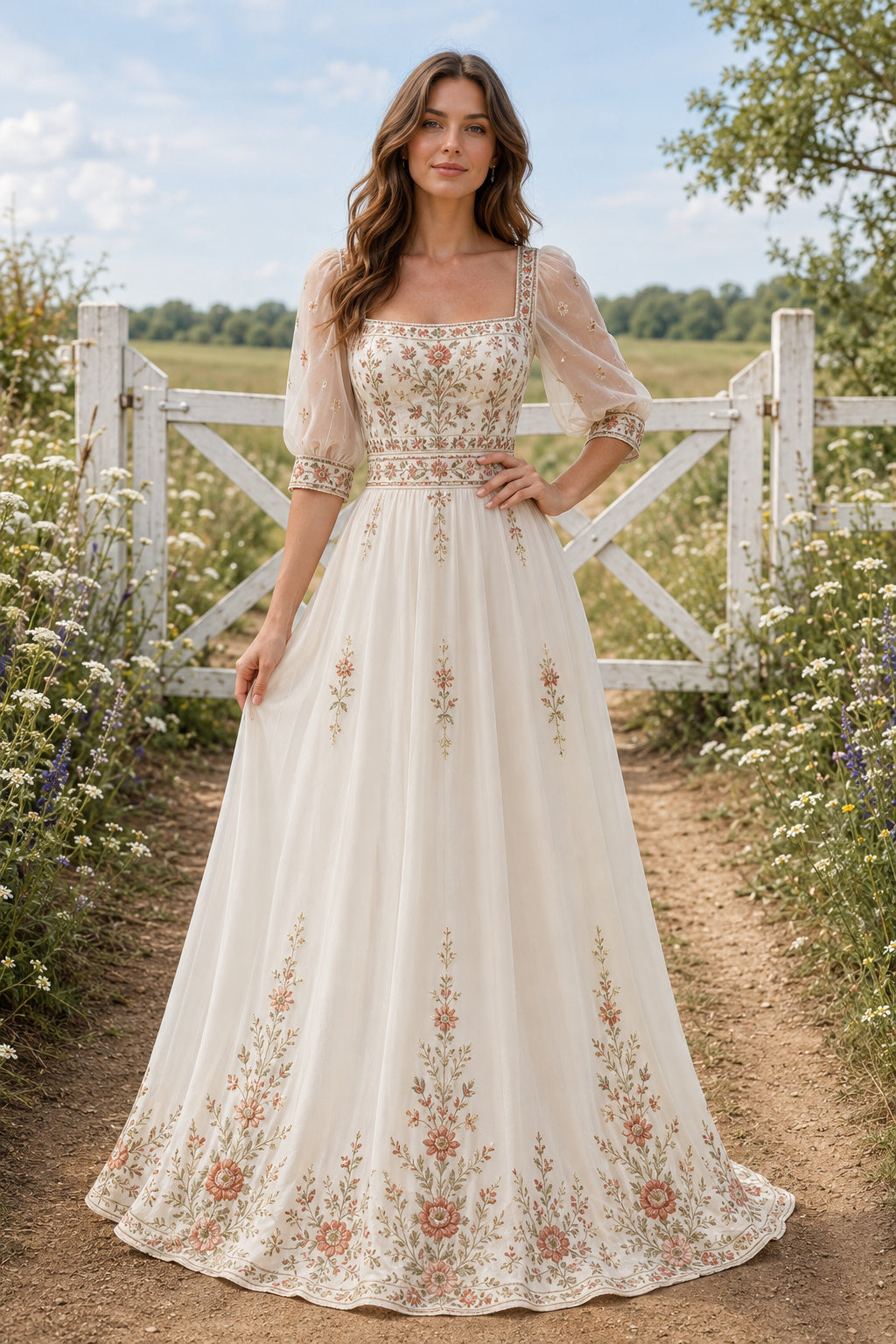 Square Neck Puff Sleeve A-Line Wedding Dress with Multicolor Floral Embroidery for Garden Reception Party front view