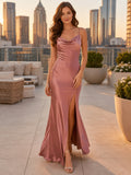 Rooftop Evening Formal Dusty Rose Elegant Modern Sexy Sheath Satin Bridesmaid Dress with Cowl Neck Spaghetti Straps Sleeveles