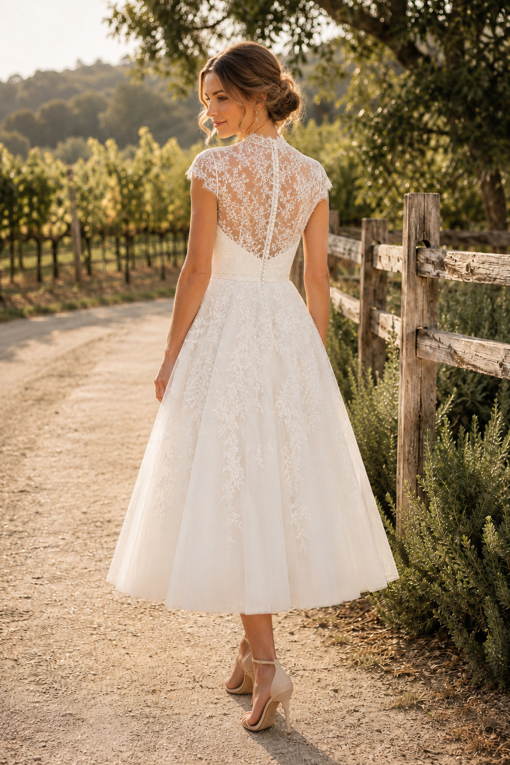 Bateau Cap Sleeve Tea Length Wedding Dress with Illusion Lace Bodice and Tulle Skirt back view