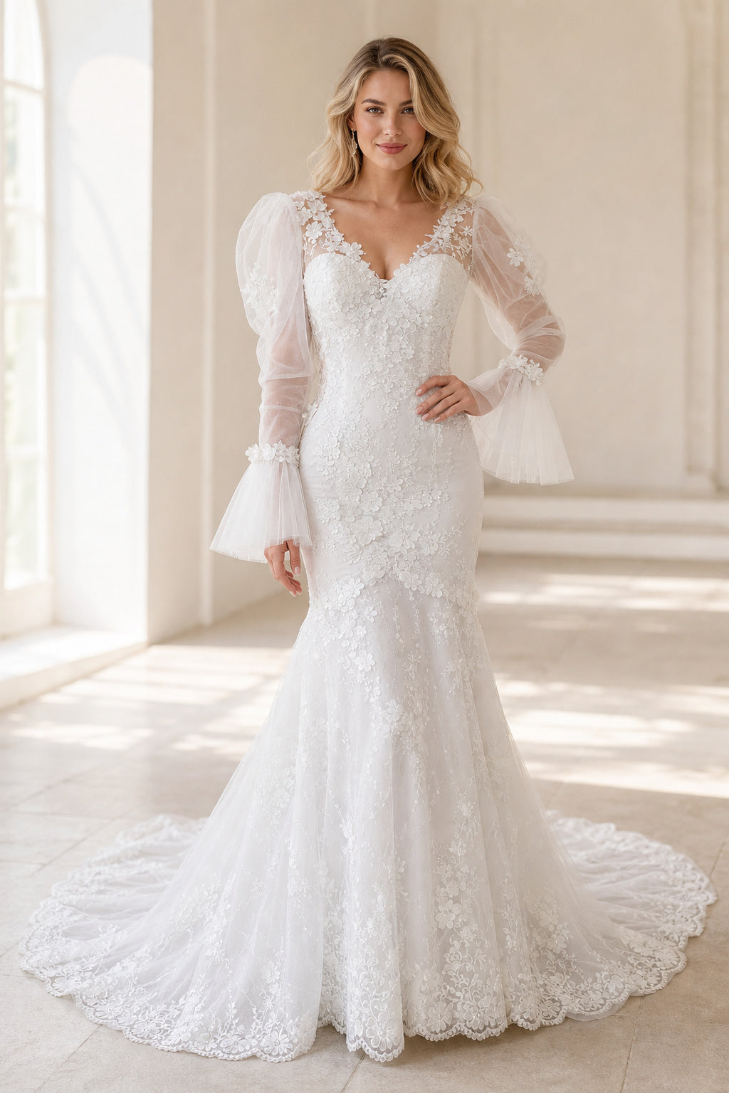 White Square A-Line Satin Floor-length Wedding Dress With Front Slit and Beaded Waist and Open Back Lace Hem Detail