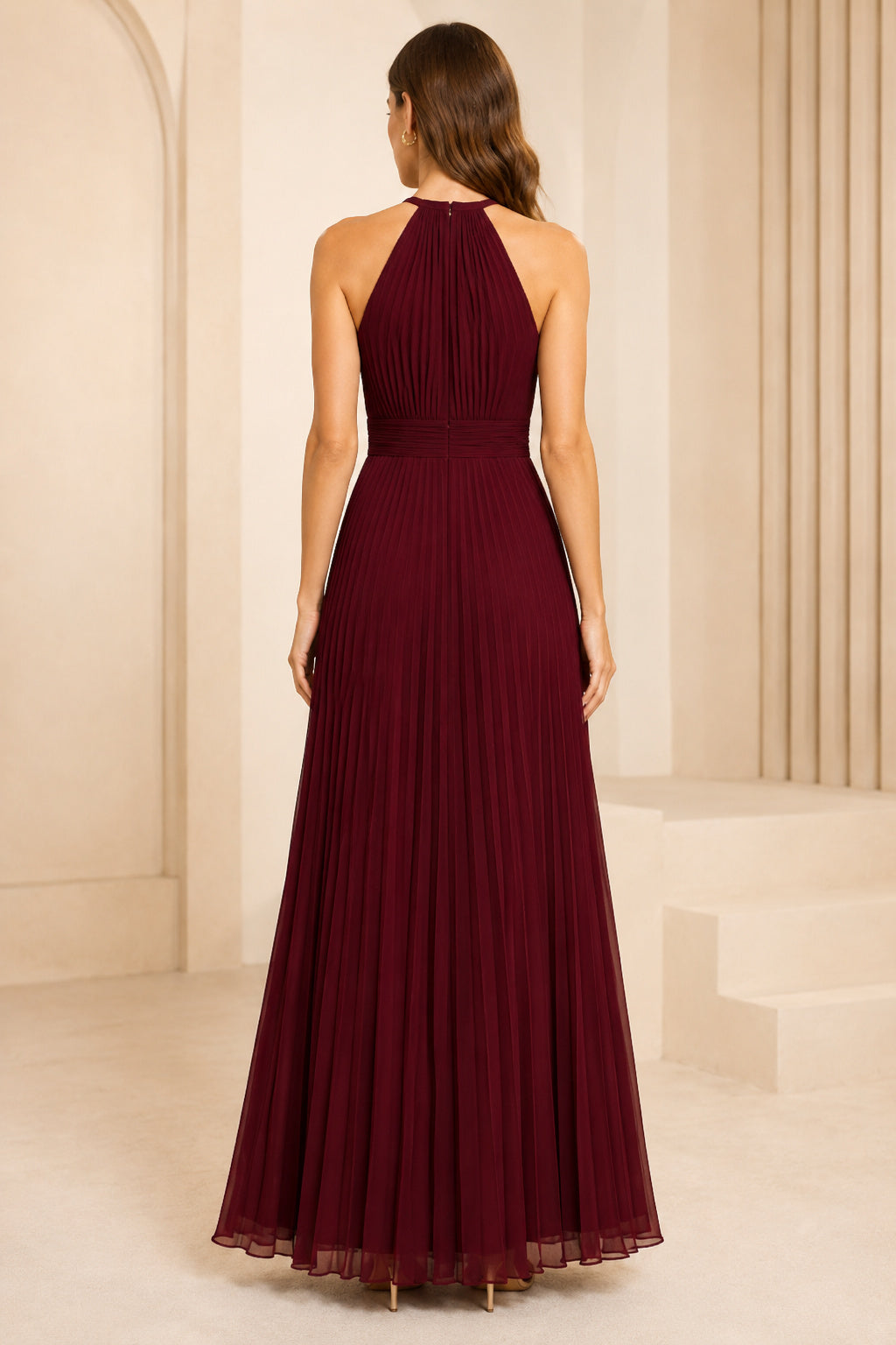 Evening Gown Burgundy Chiffon A-Line Halter Sleeveless Floor Length back view