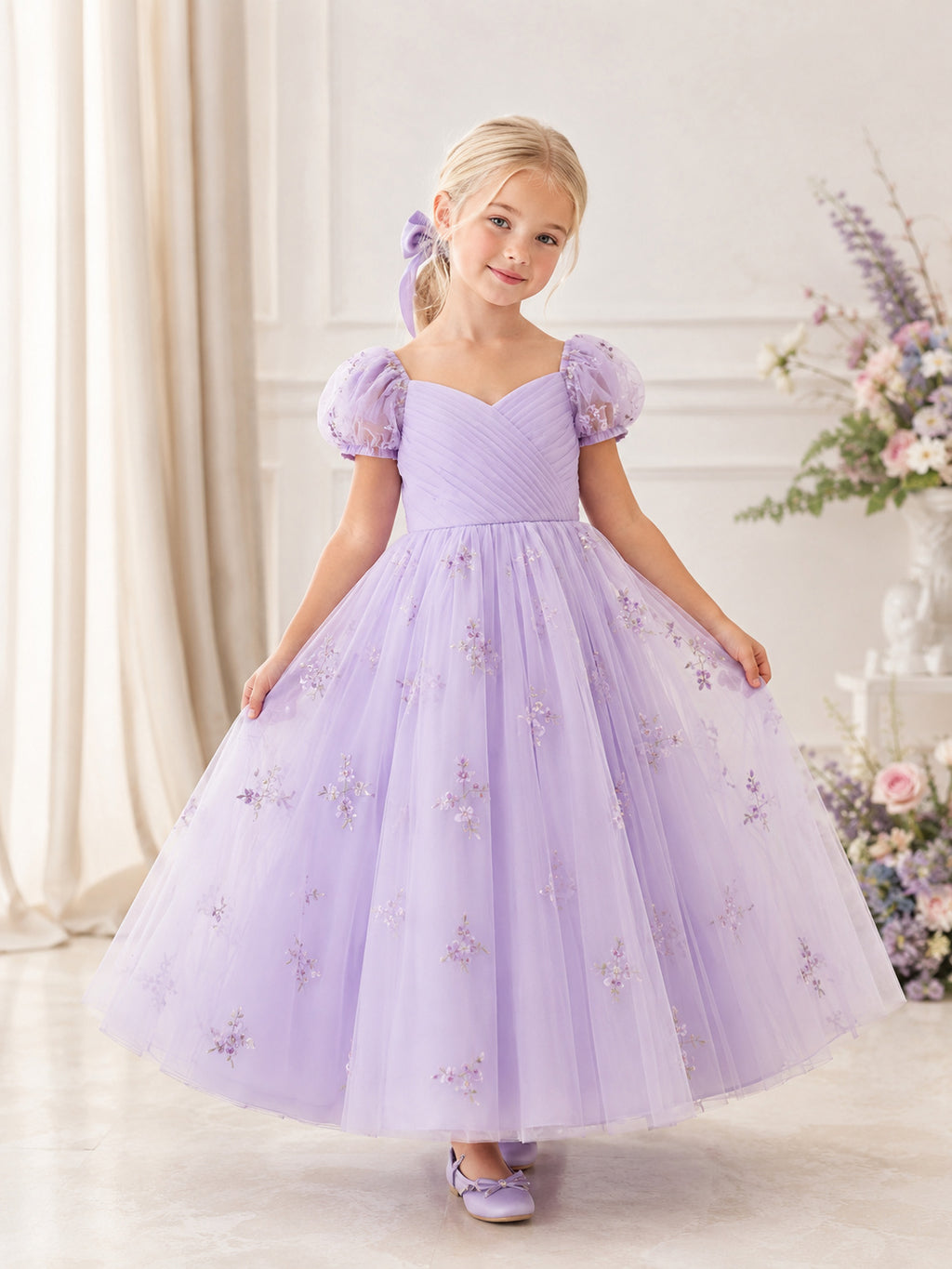Flower Girl Dress Lavender Tulle A-Line Short Sleeve Sweetheart Neck Tea Length Floral Applique Bow Detail front view