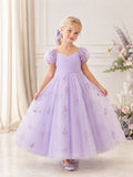 Flower Girl Dress Lavender Tulle A-Line Short Sleeve Sweetheart Neck Tea Length Floral Applique Bow Detail front view