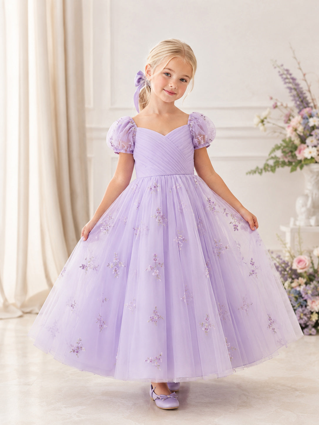 Flower Girl Dress Lavender Tulle A-Line Short Sleeve Sweetheart Neck Tea Length Floral Applique Bow Detail front view