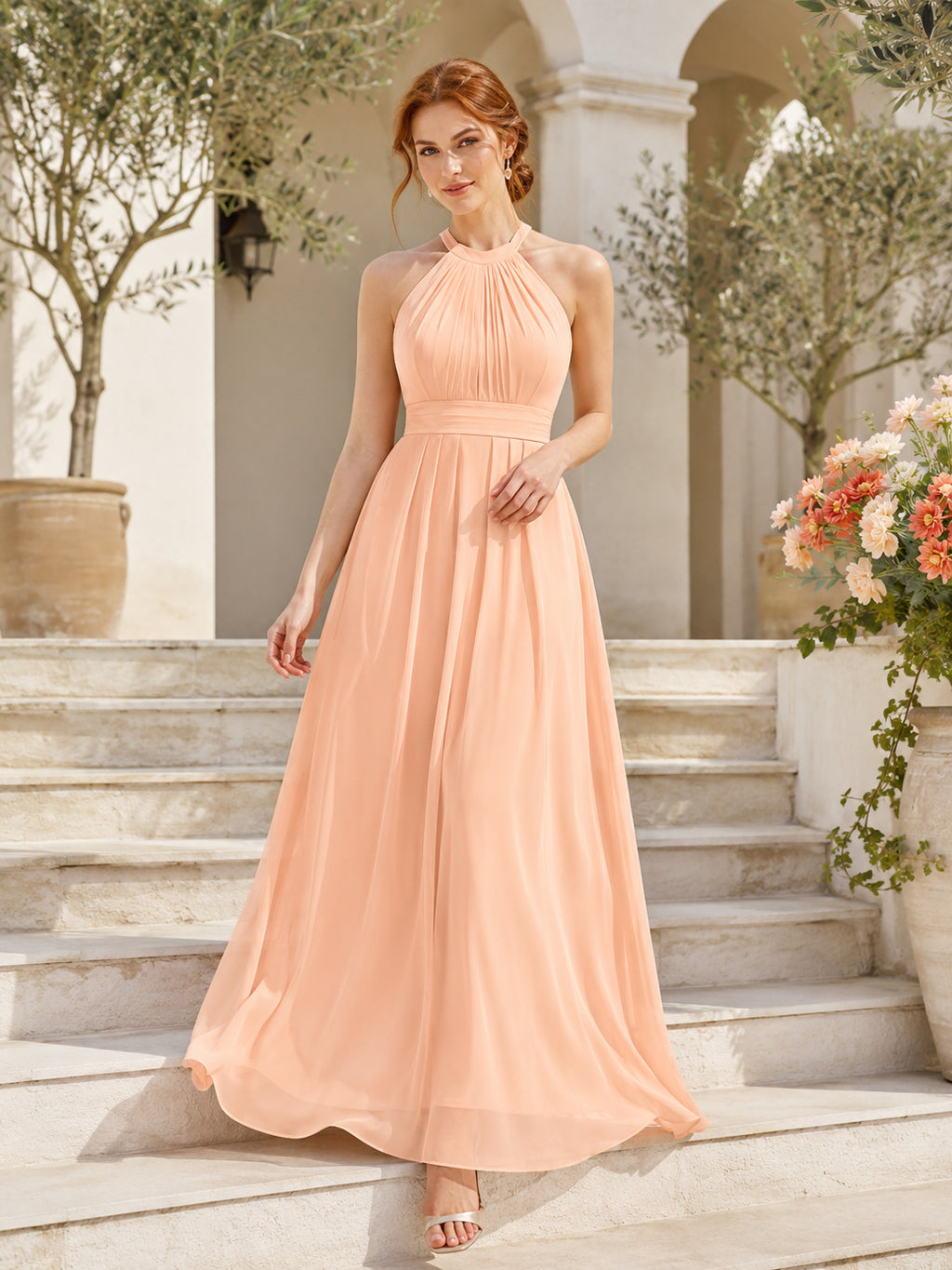 Elegant Coral Chiffon Bridesmaid A Line Floor Length Halter Pleated Bodice Gown front view