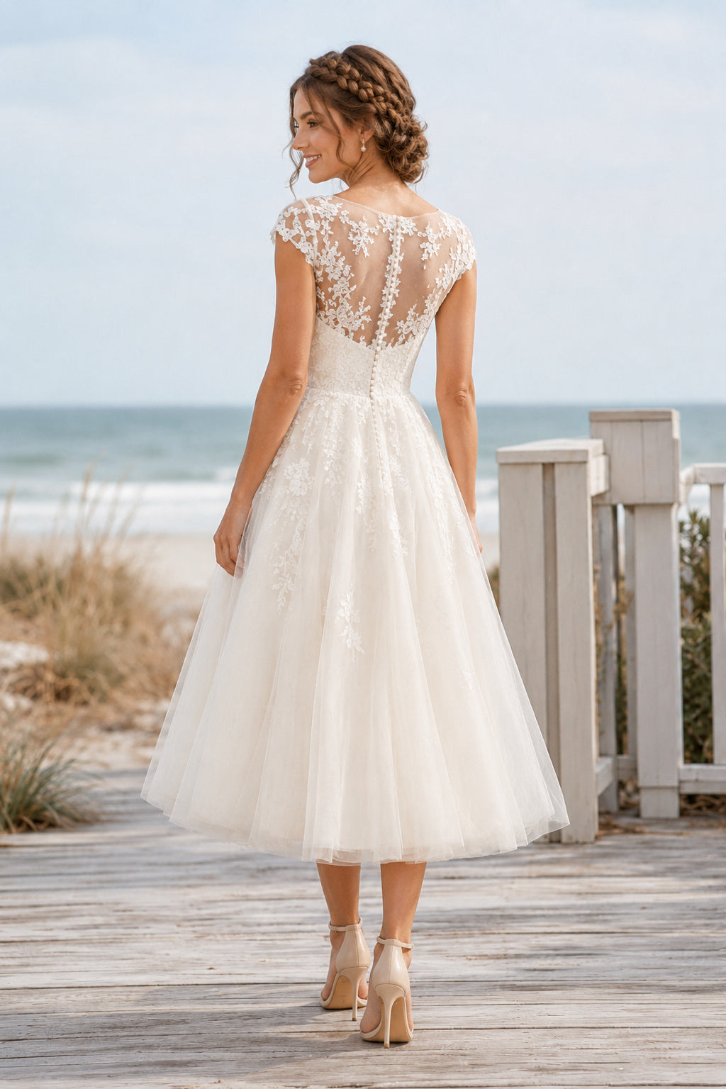 Ivory Bateau Cap Sleeve Applique Tea Length Wedding Dress for Wedding Reception and Party Style MG_701006 back view