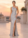Silver Sequin One Shoulder Slit Trumpet Evening Dress front view