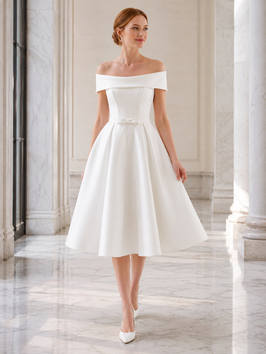 Polished Off-Shoulder Bow Satin A-Line Tea-Length Courthouse Wedding Dress front view