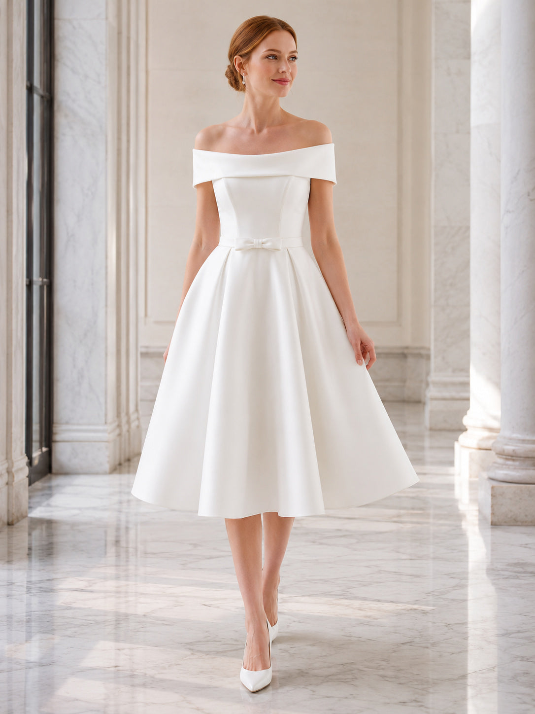 Polished Off-Shoulder Bow Satin A-Line Tea-Length Courthouse Wedding Dress front view