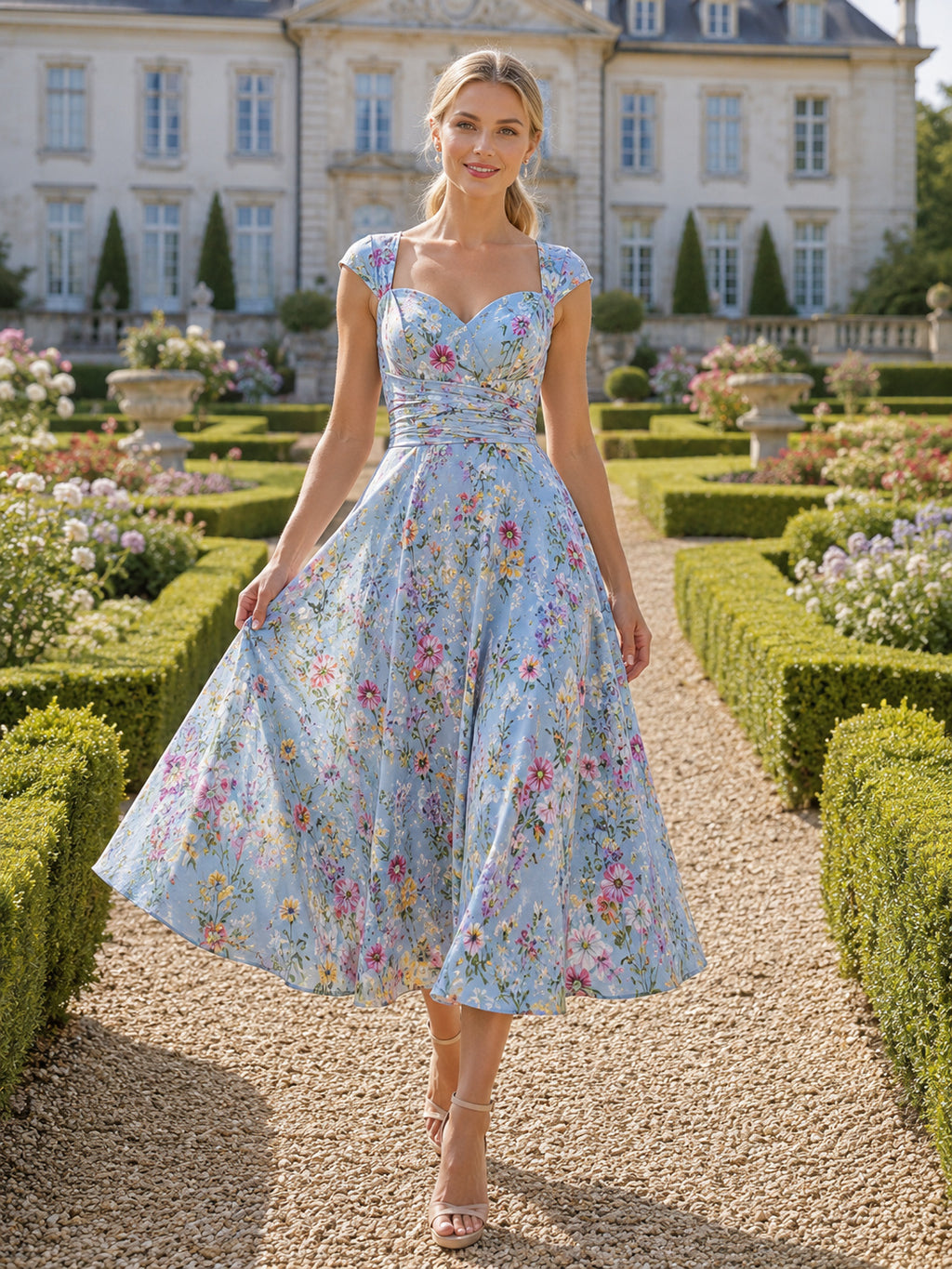 Blue Floral Sweetheart Strap Country Estate Tea Dress front view