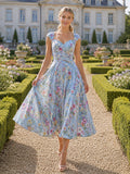 Blue Floral Sweetheart Strap Country Estate Tea Dress front view