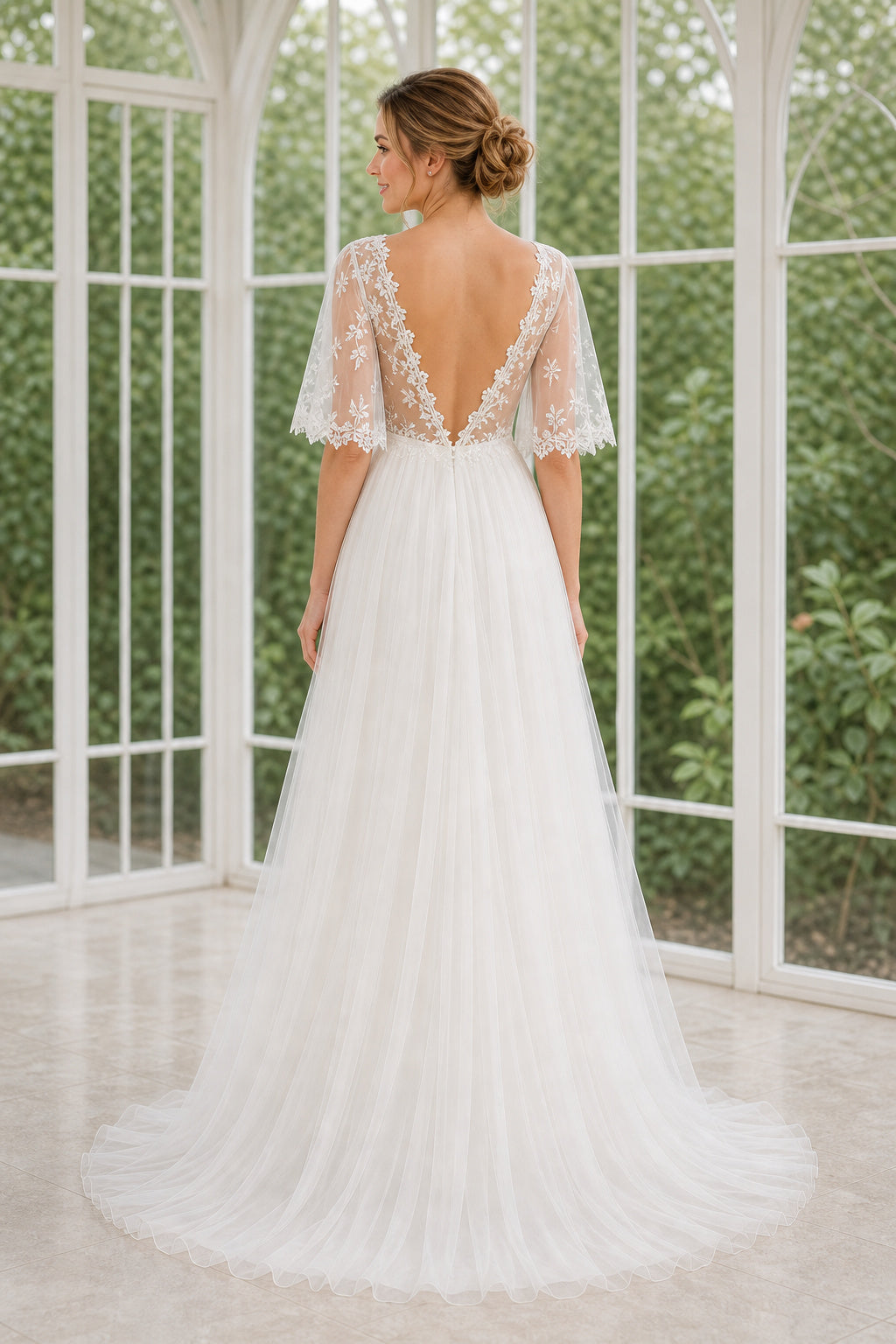 Ivory V-neck Flutter Sleeve A-Line Chiffon Floor-Length Dress With Lace Bodice